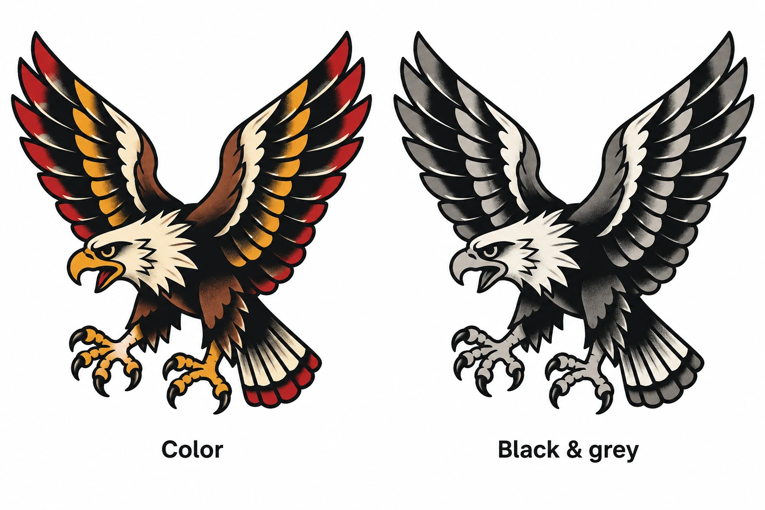 The same eagle composition in color and black and grey.