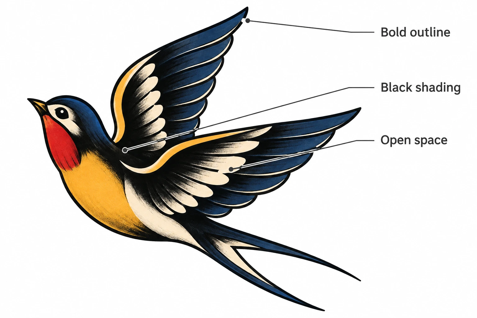 Bold outlines, black shading, and open space define the swallow's wings.