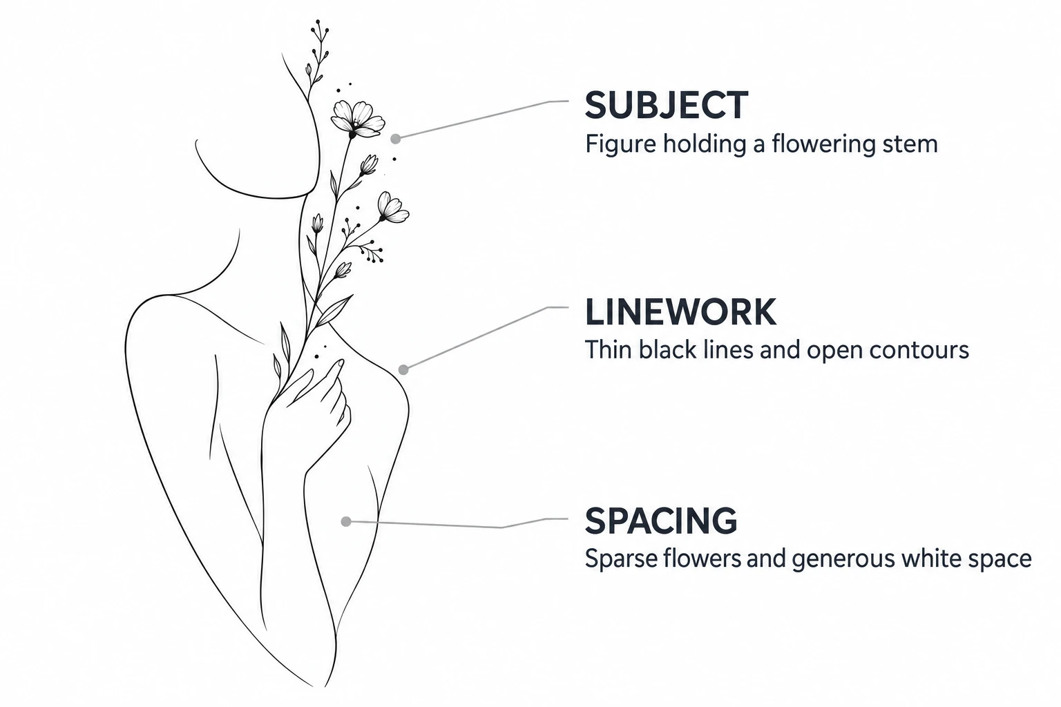 Fine-line figure holding flowers with annotations explaining the tattoo prompt