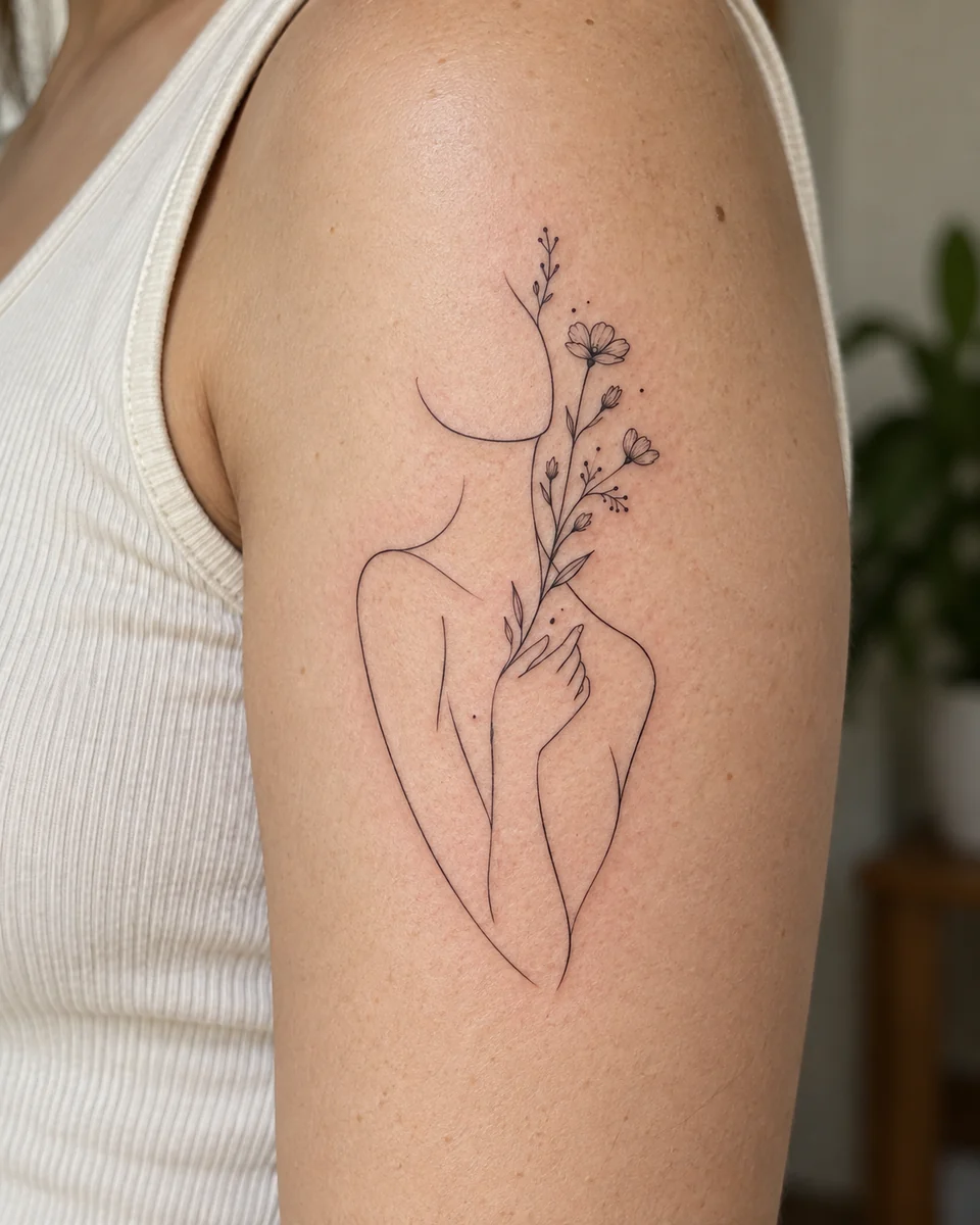 Fine-line figure holding flowers shown vertically on an outer upper arm in a placement illustration.
