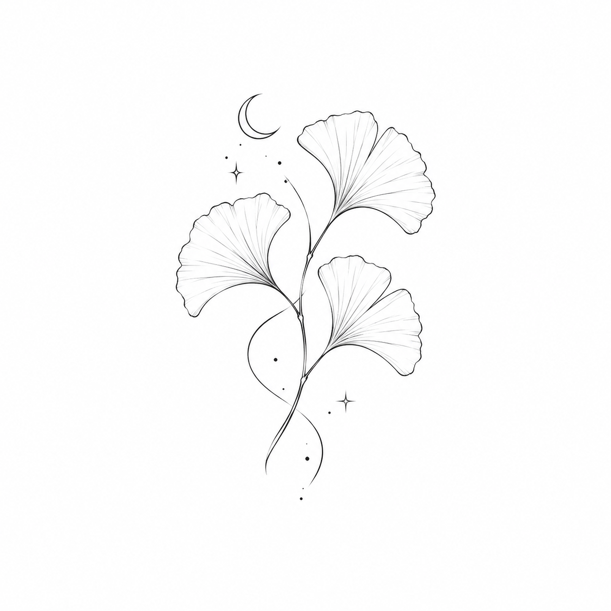 Fine-line ginkgo branch and crescent moon tattoo concept