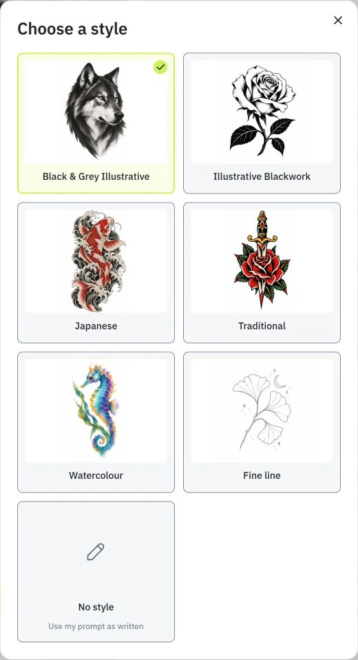 TatSketch's style menu showing six presets and No style, with Black & Grey Illustrative selected