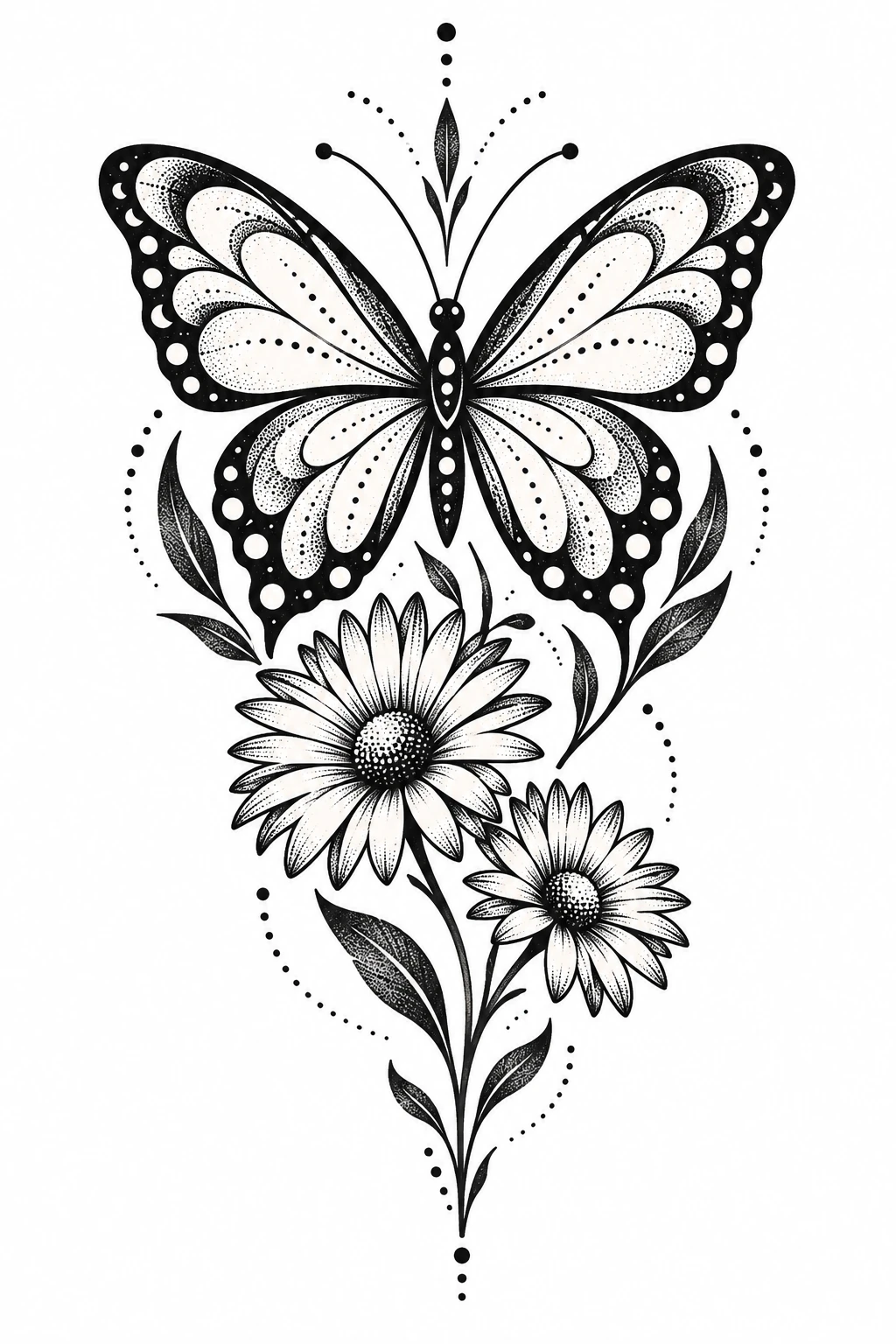 Butterfly & asters, dotwork tattoo design