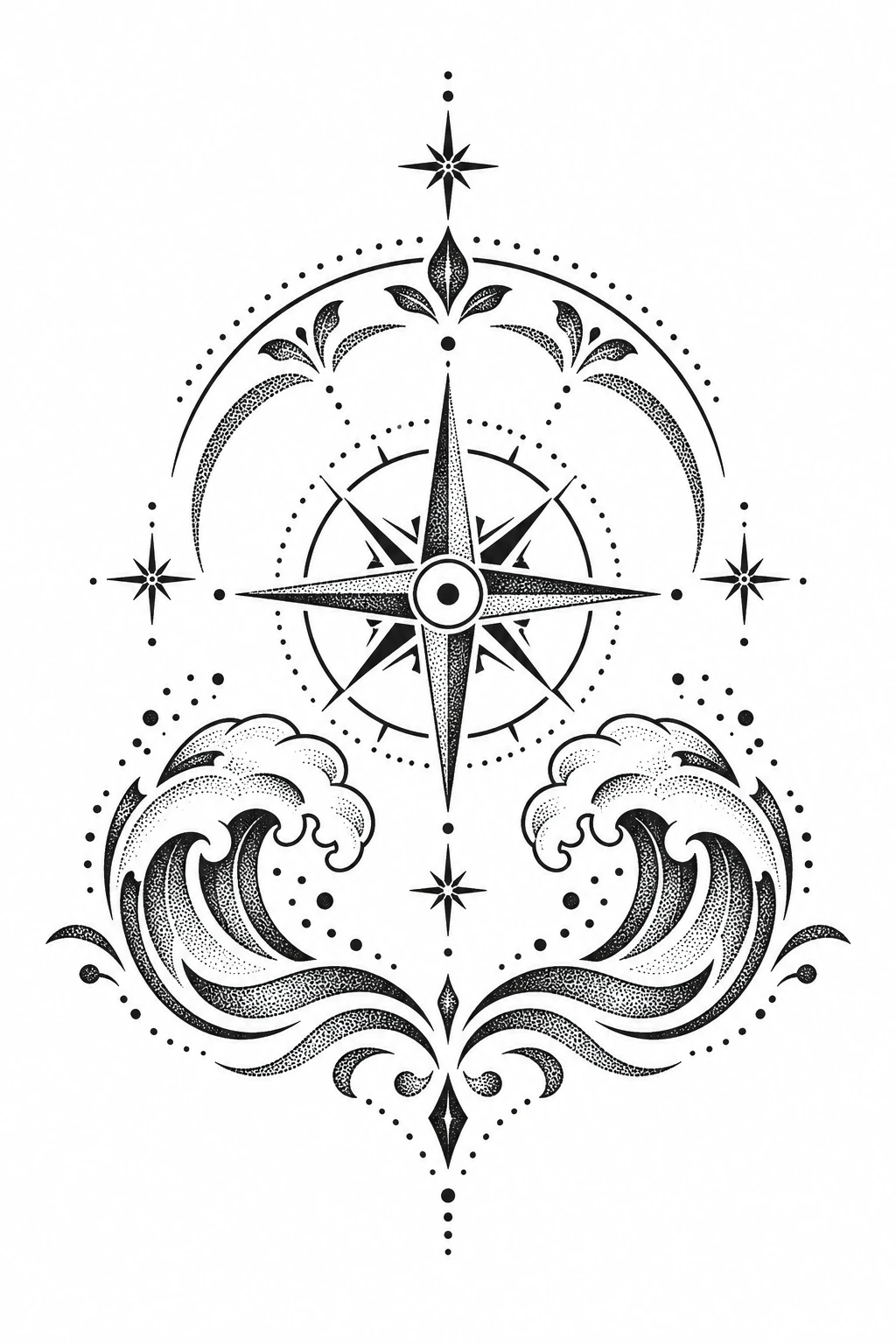 Compass & waves dotwork tattoo design