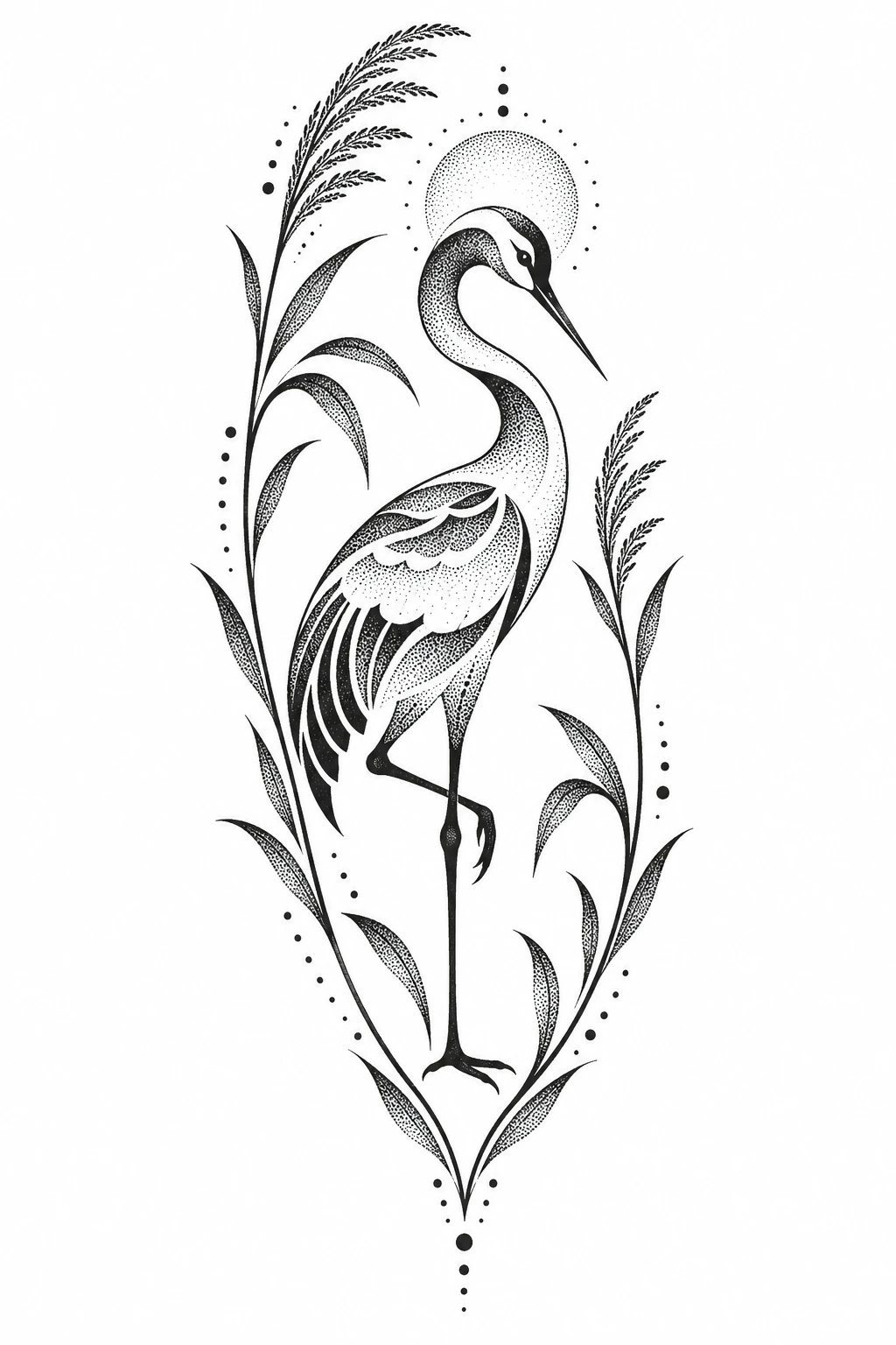 Crane & reeds, dotwork tattoo design