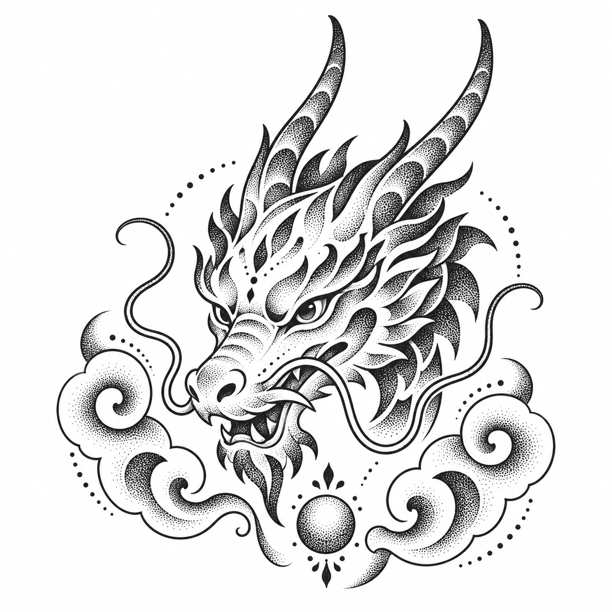 Dragon & clouds, dotwork tattoo design