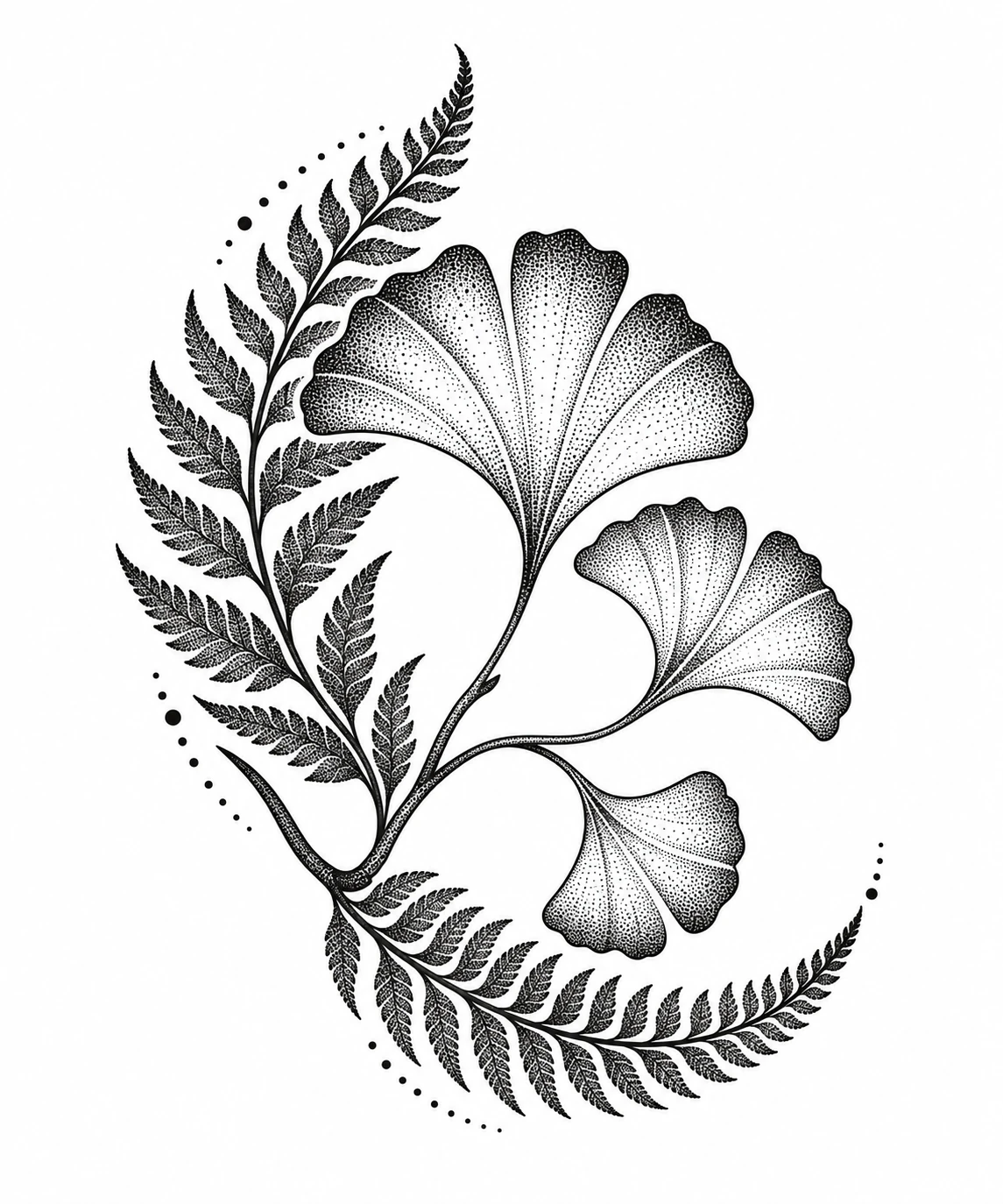 Ginkgo & ferns, dotwork tattoo design