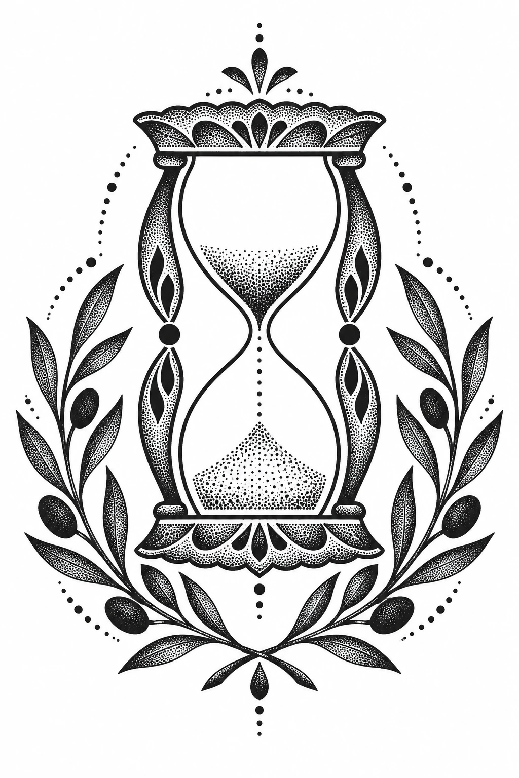 Hourglass & laurel, dotwork tattoo design