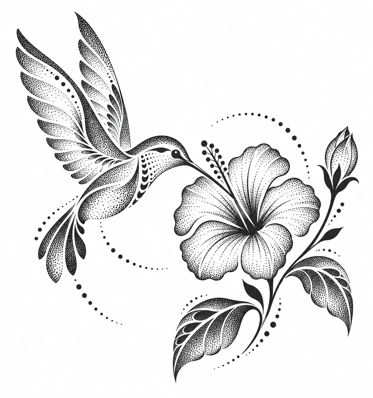 Hummingbird & hibiscus, dotwork tattoo design