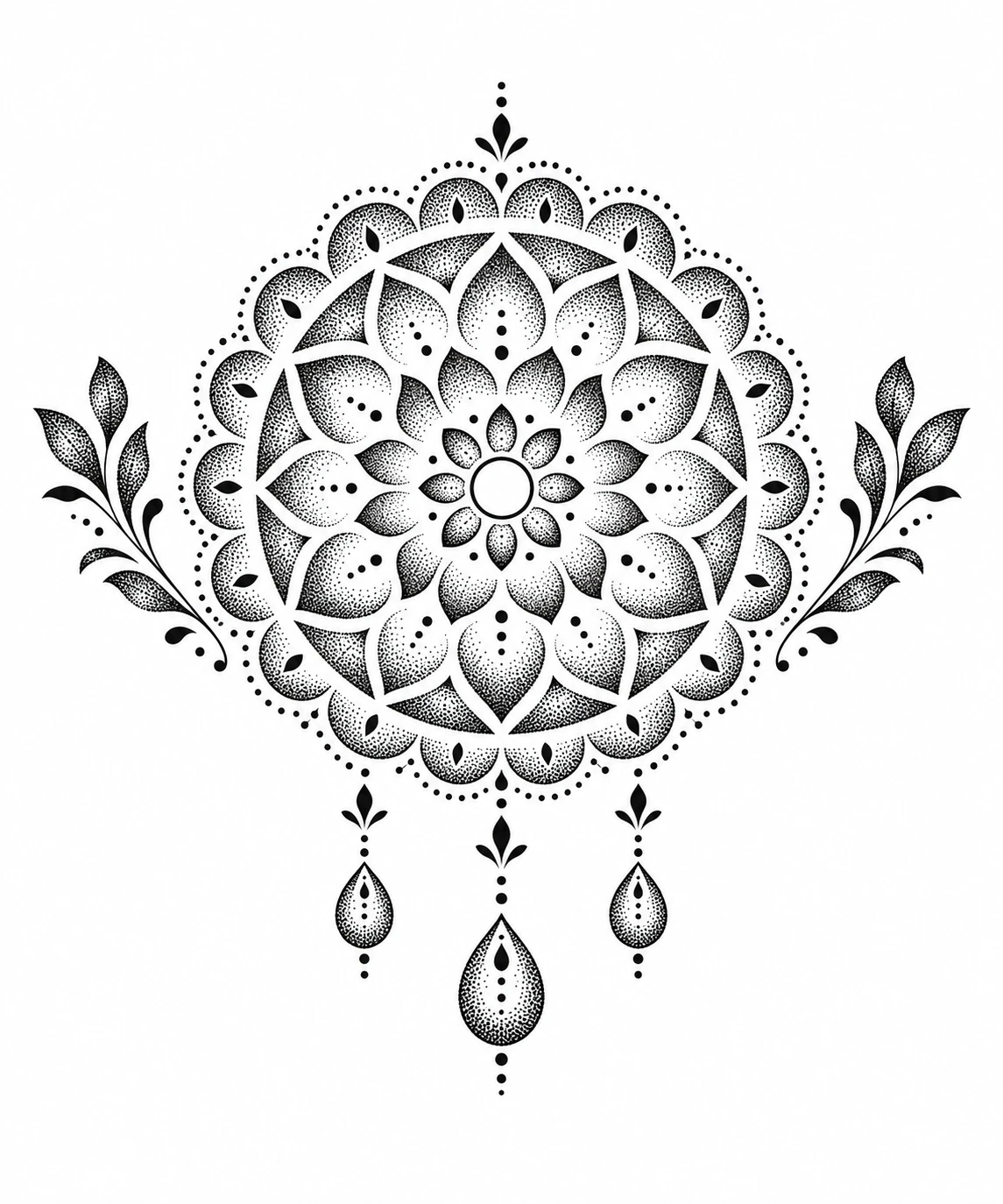 Mandala & drops dotwork tattoo design