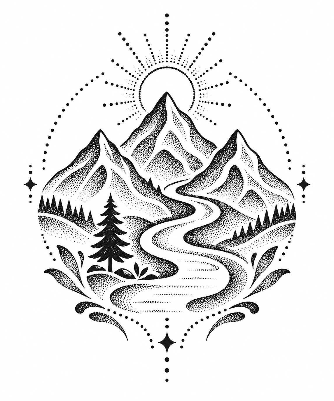 Mountains & river, dotwork tattoo design