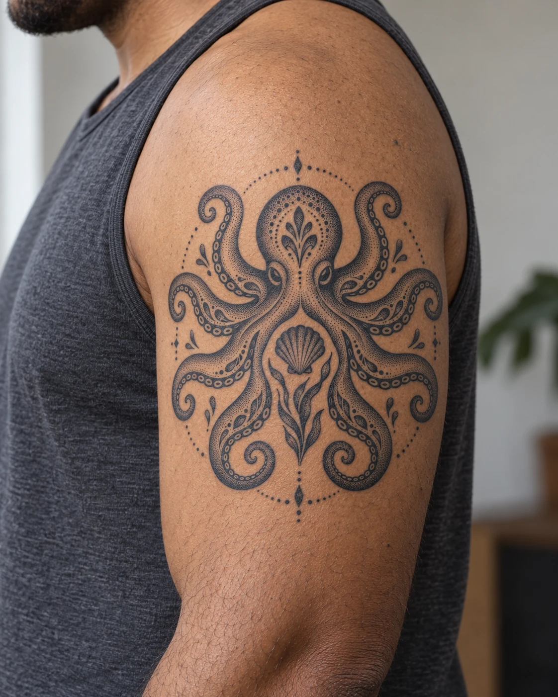 Octopus dotwork tattoo on the upper arm