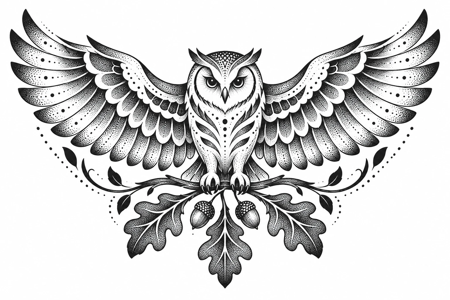 Owl & oak dotwork tattoo design