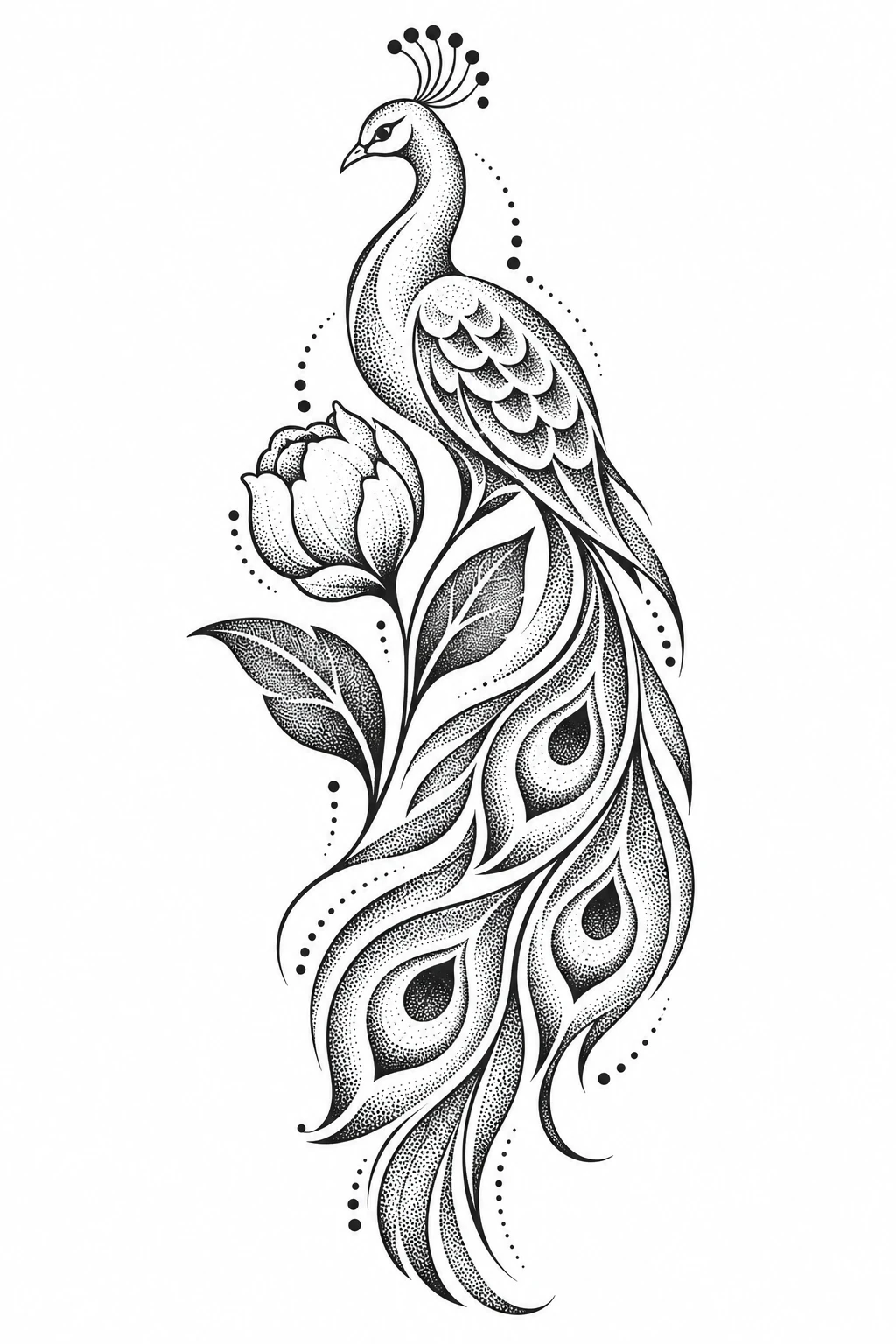 Peacock & peony, dotwork tattoo design