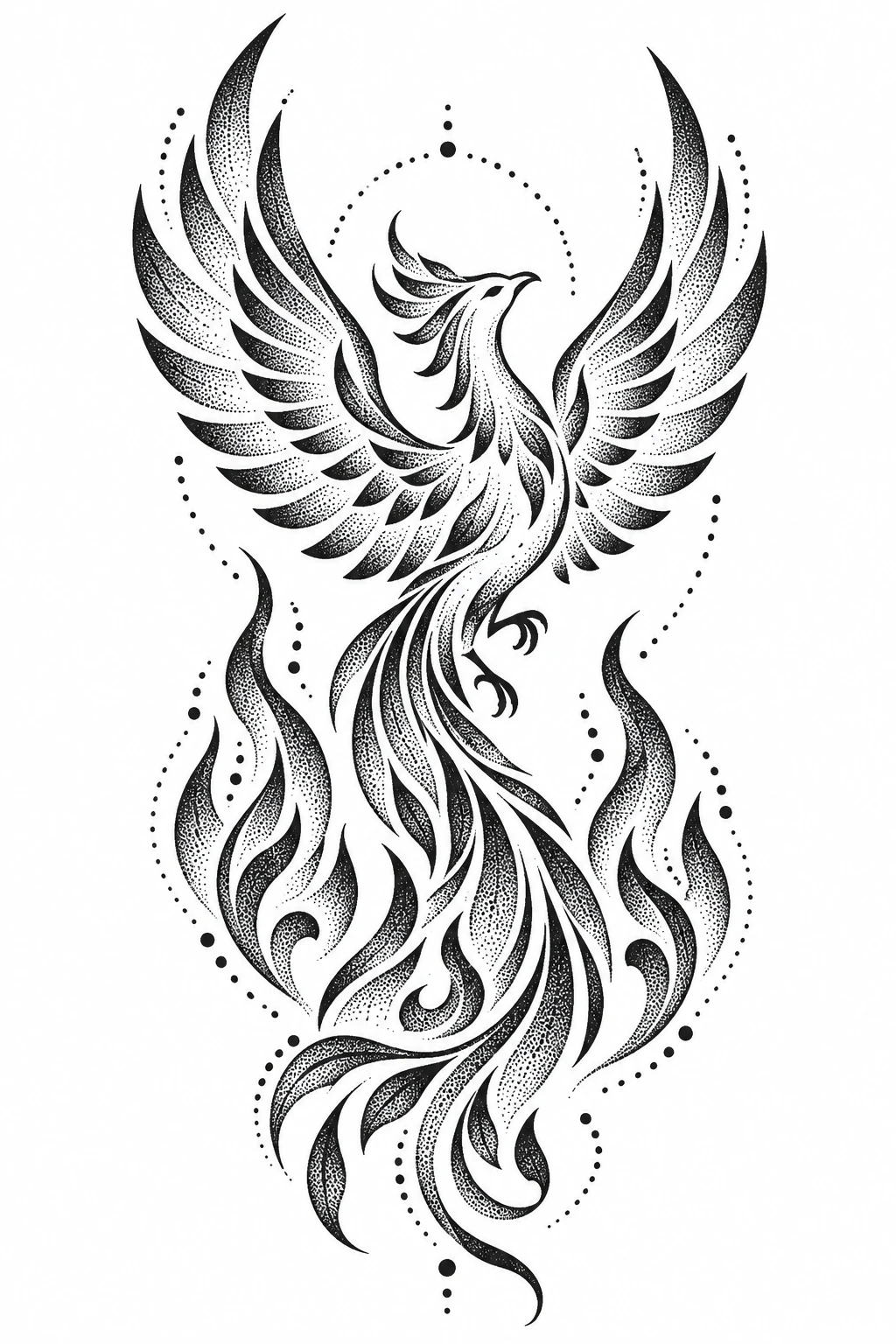 Phoenix & flames, dotwork tattoo design