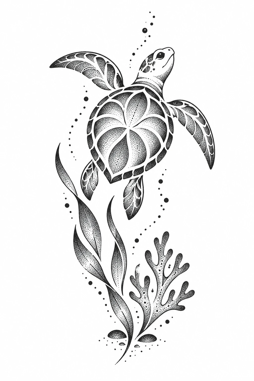 Sea turtle & seagrass, dotwork tattoo design
