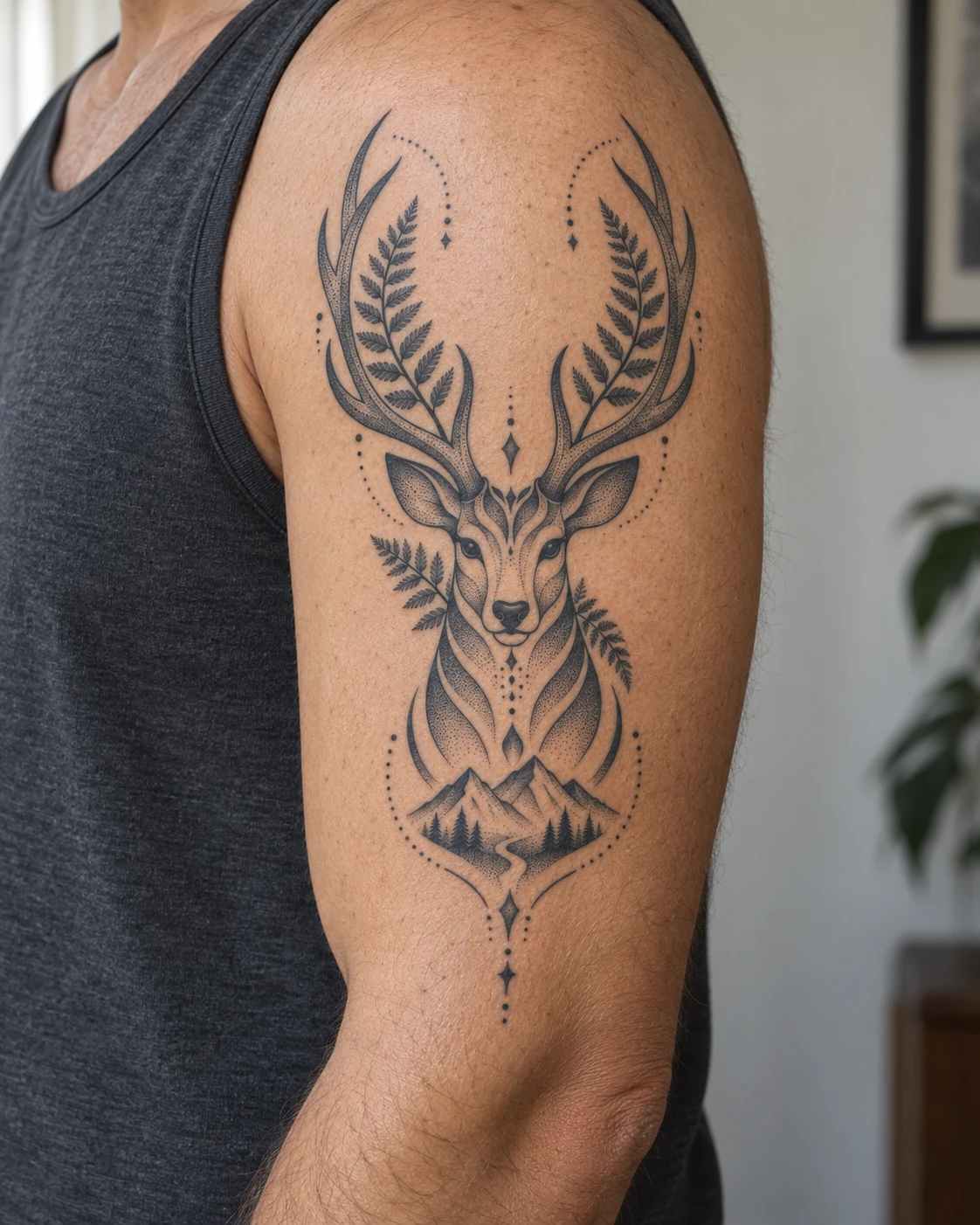 Stag & ferns dotwork tattoo on the upper arm