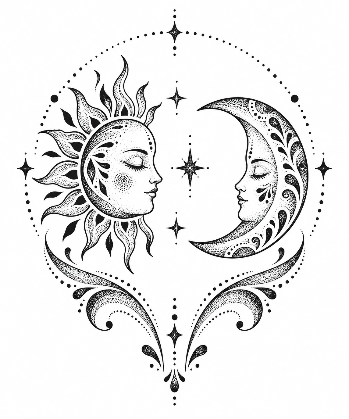 Sun & moon, dotwork tattoo design