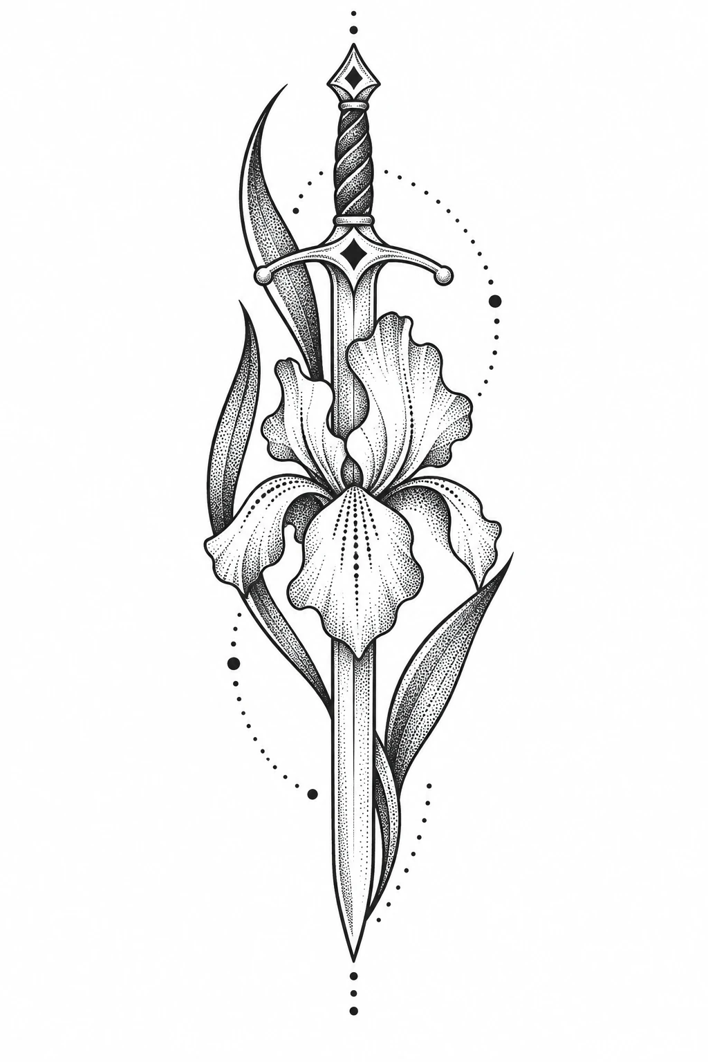 Sword & iris, dotwork tattoo design