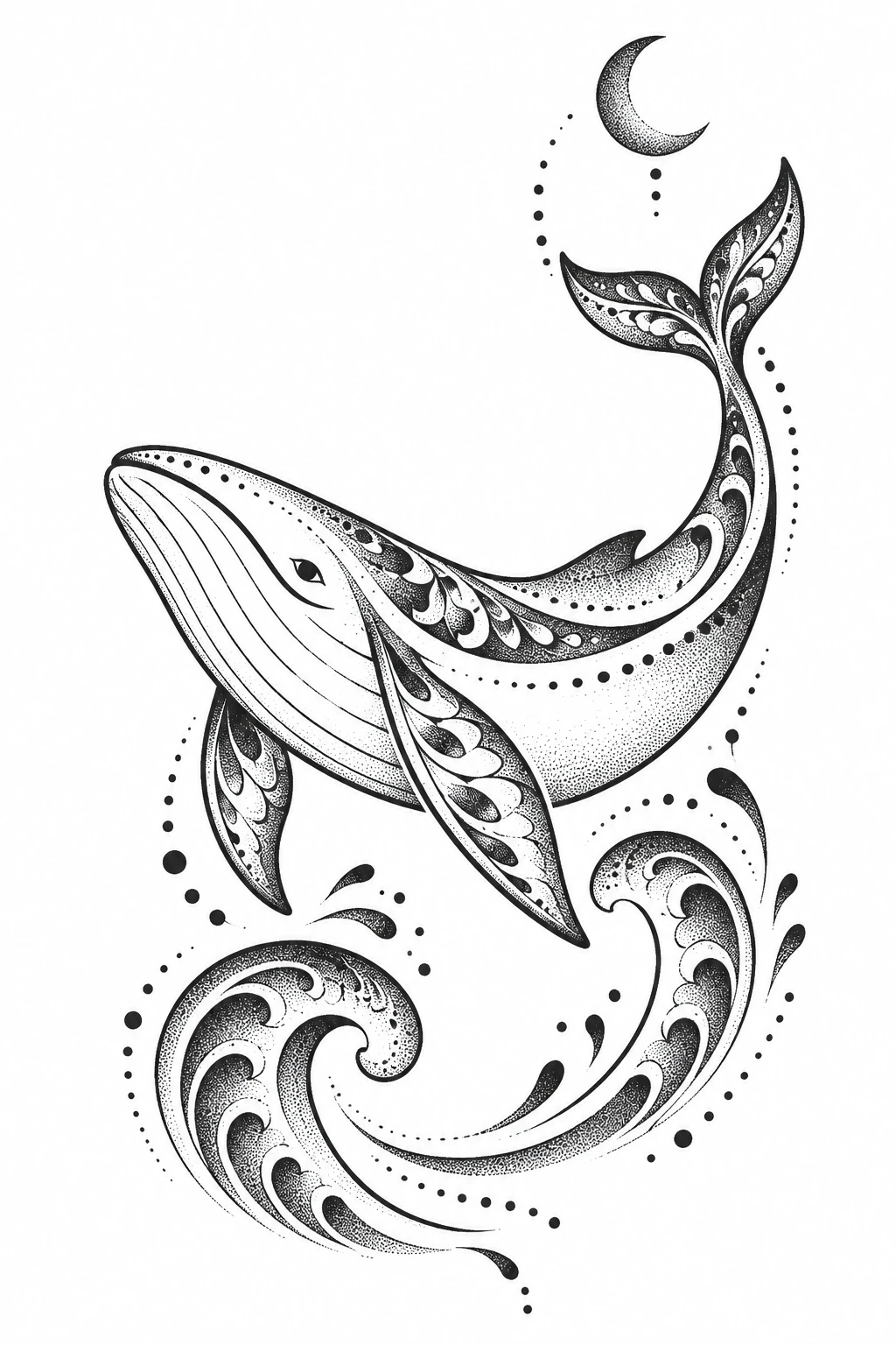 Whale & waves, dotwork tattoo design