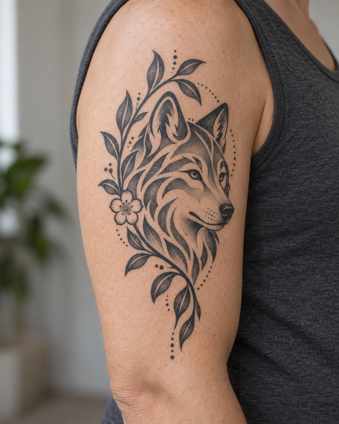Wolf & branch dotwork tattoo on the upper arm