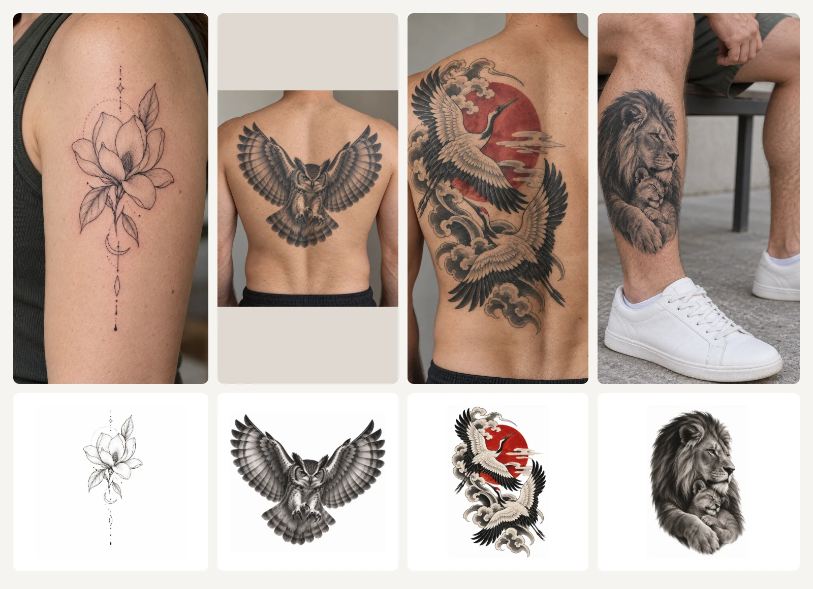 Magnolia, owl, crane and lion tattoo concepts paired with illustrated placements.