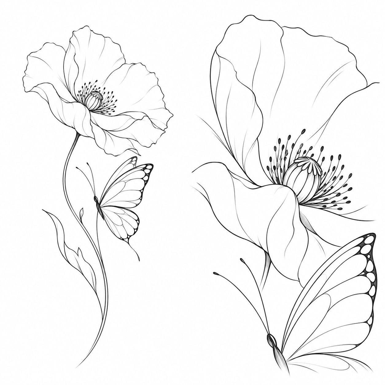Fine line poppy and butterfly with enlarged detail showing controlled fine linework.