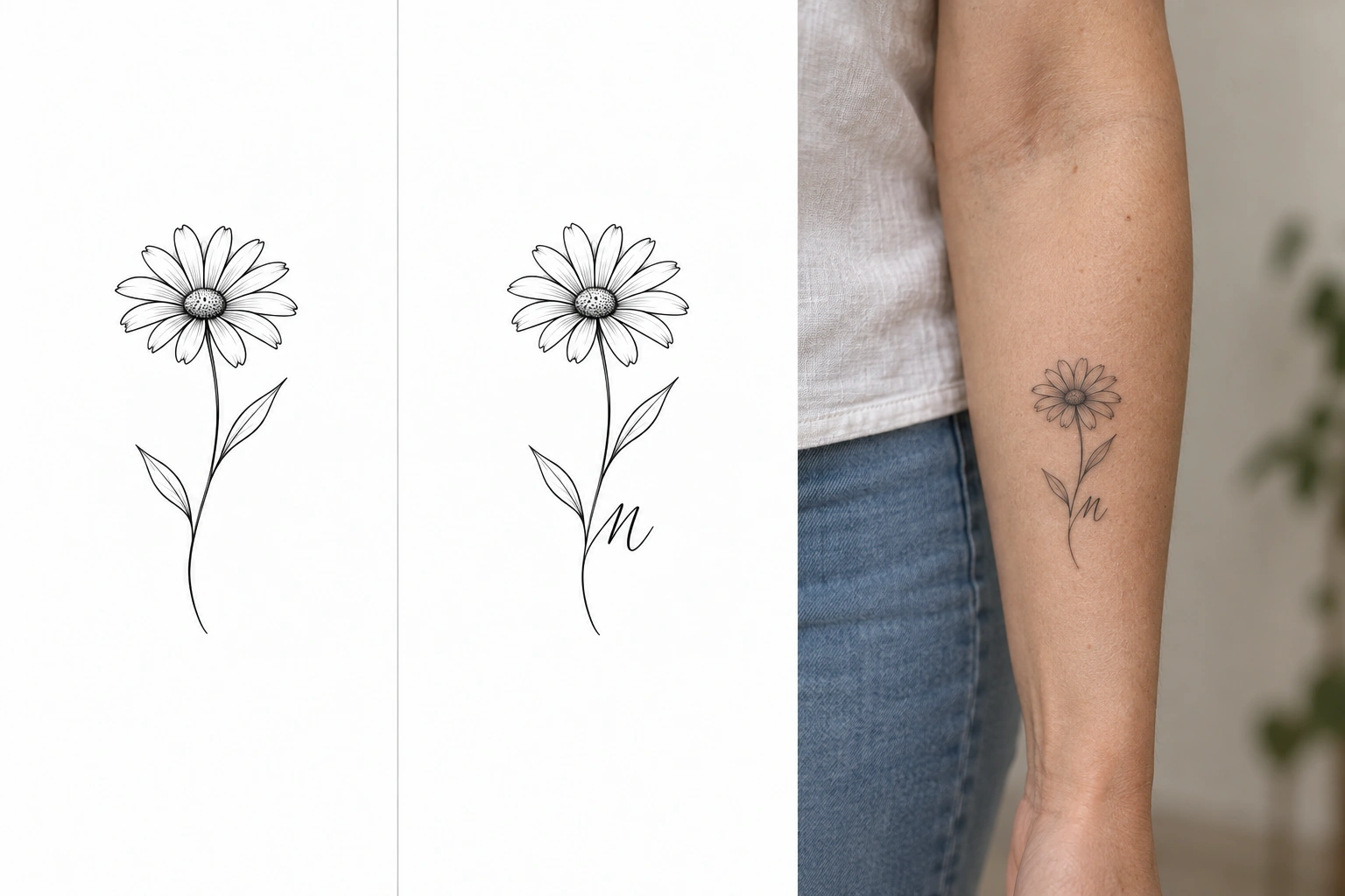 Plain daisy, daisy with capital M beside stem, and forearm preview showing the concept.