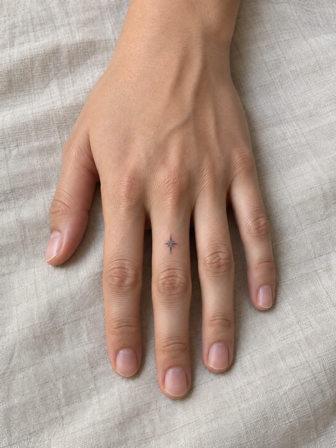 Small star on the back of a finger between knuckles.