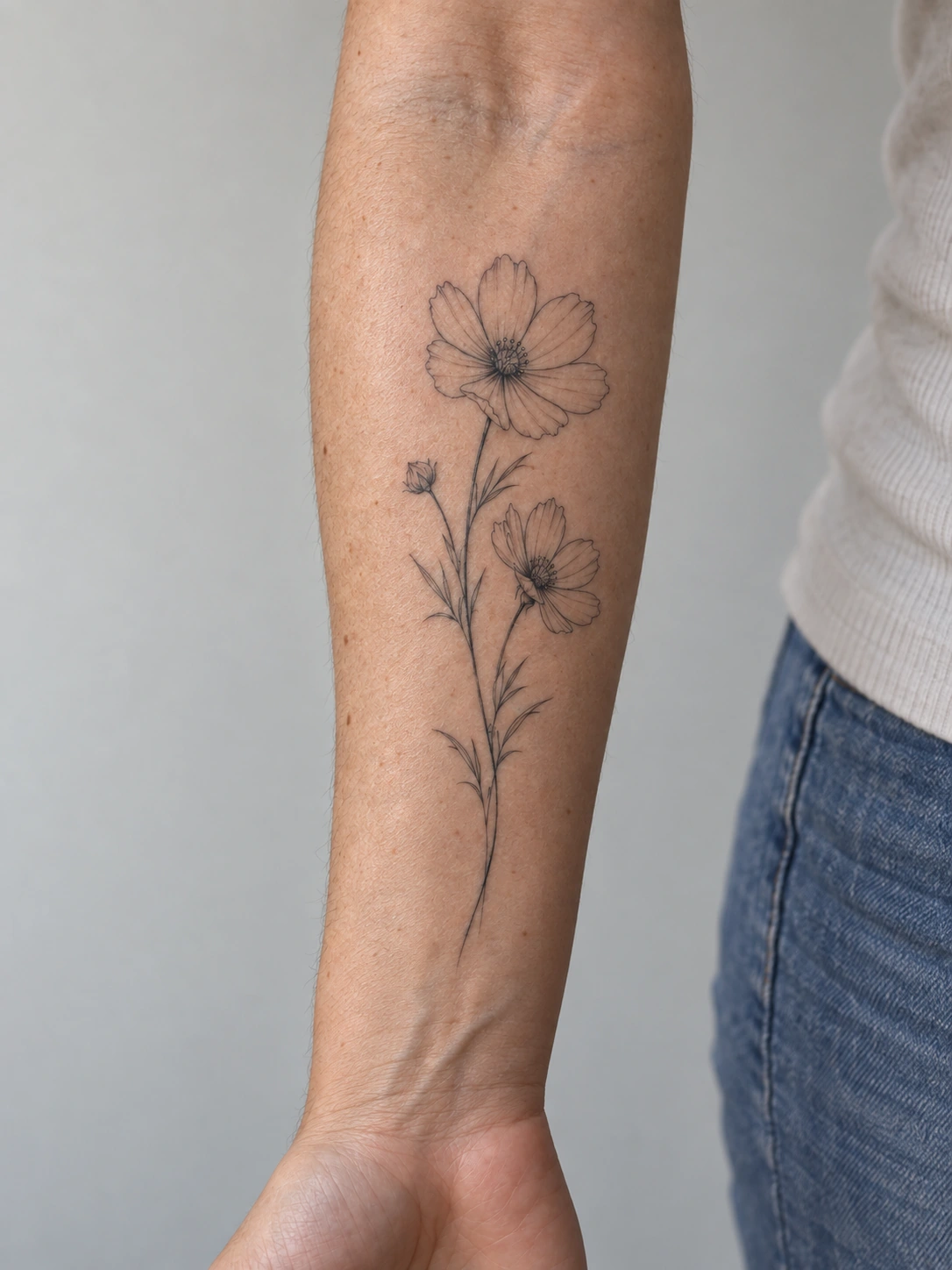 Vertical floral stem along a forearm.