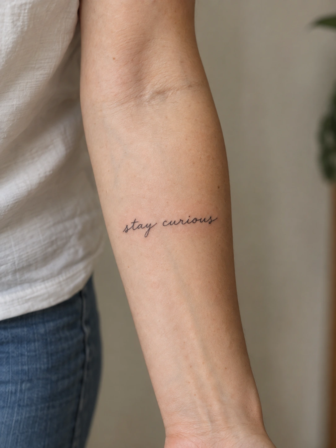 Horizontal script reading 'stay curious' across the inner forearm.