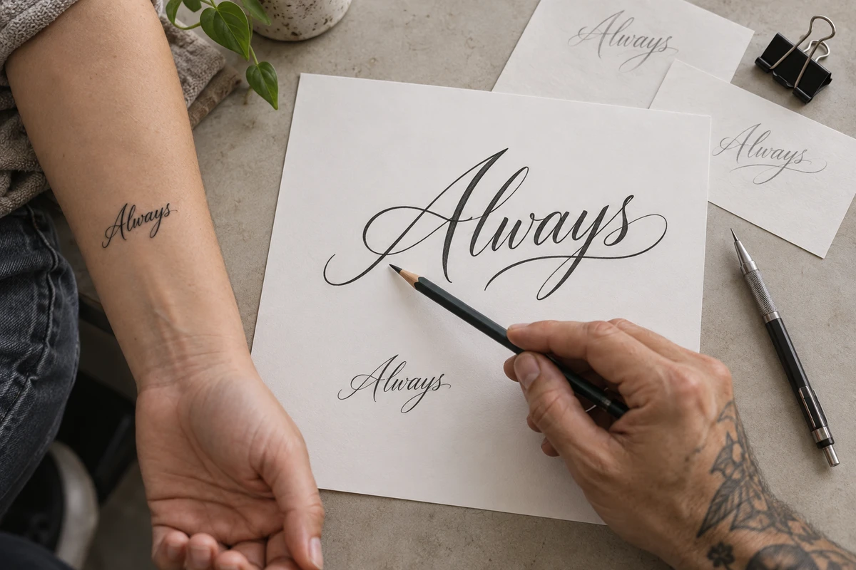 Illustrated studio consultation: an artist points out the capital on an Always lettering reference beside a forearm tattoo.