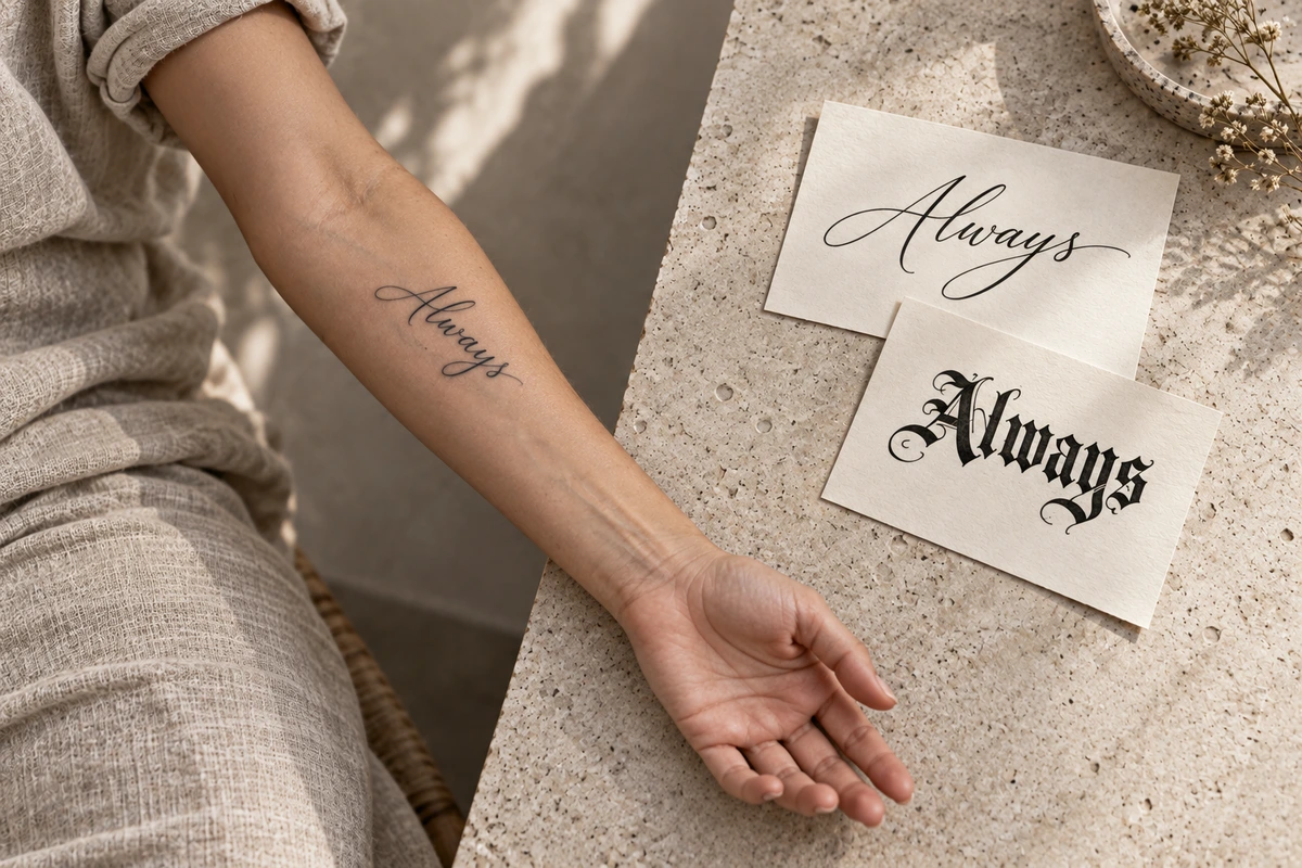 Tattoo placement inspiration: Always in cursive on a forearm beside script and blackletter reference cards.