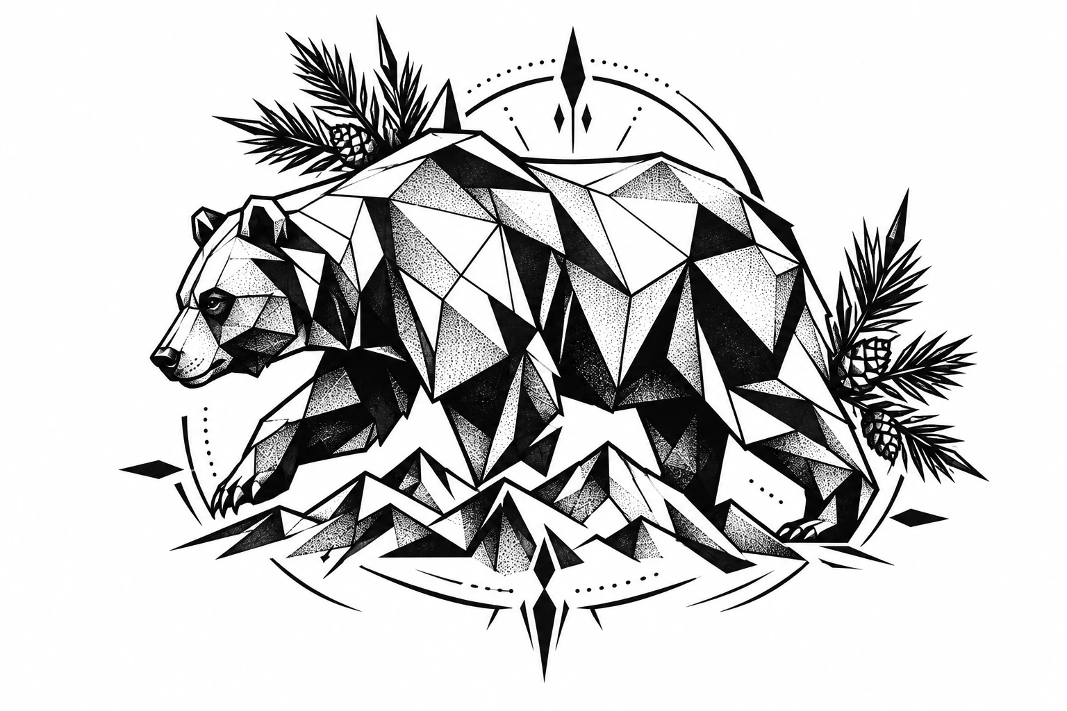 Bear & pines geometric tattoo design