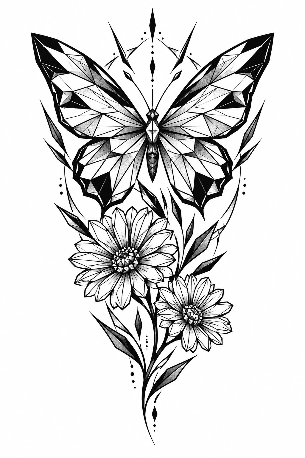 Butterfly & asters, geometric tattoo design