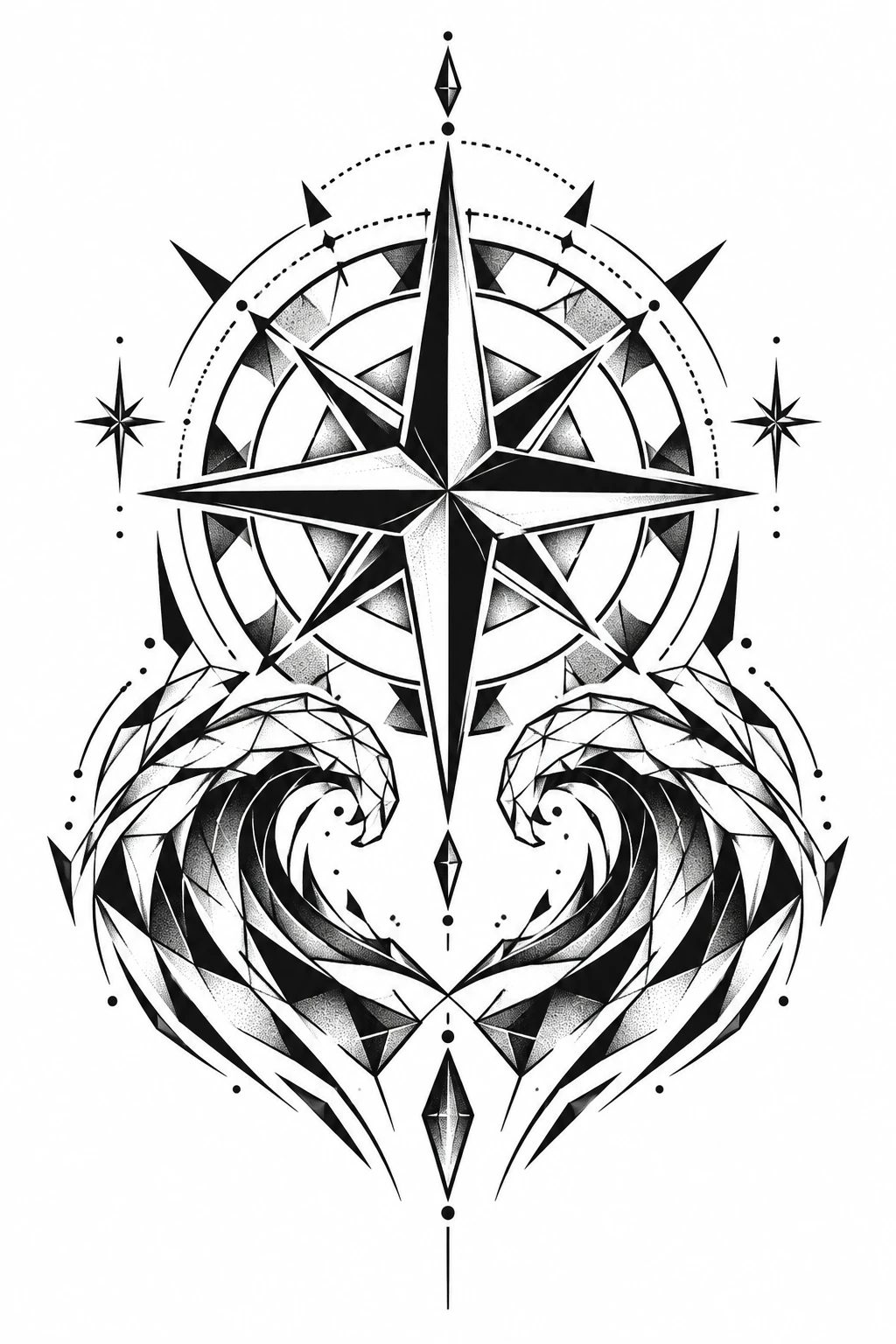 Compass & waves geometric tattoo design