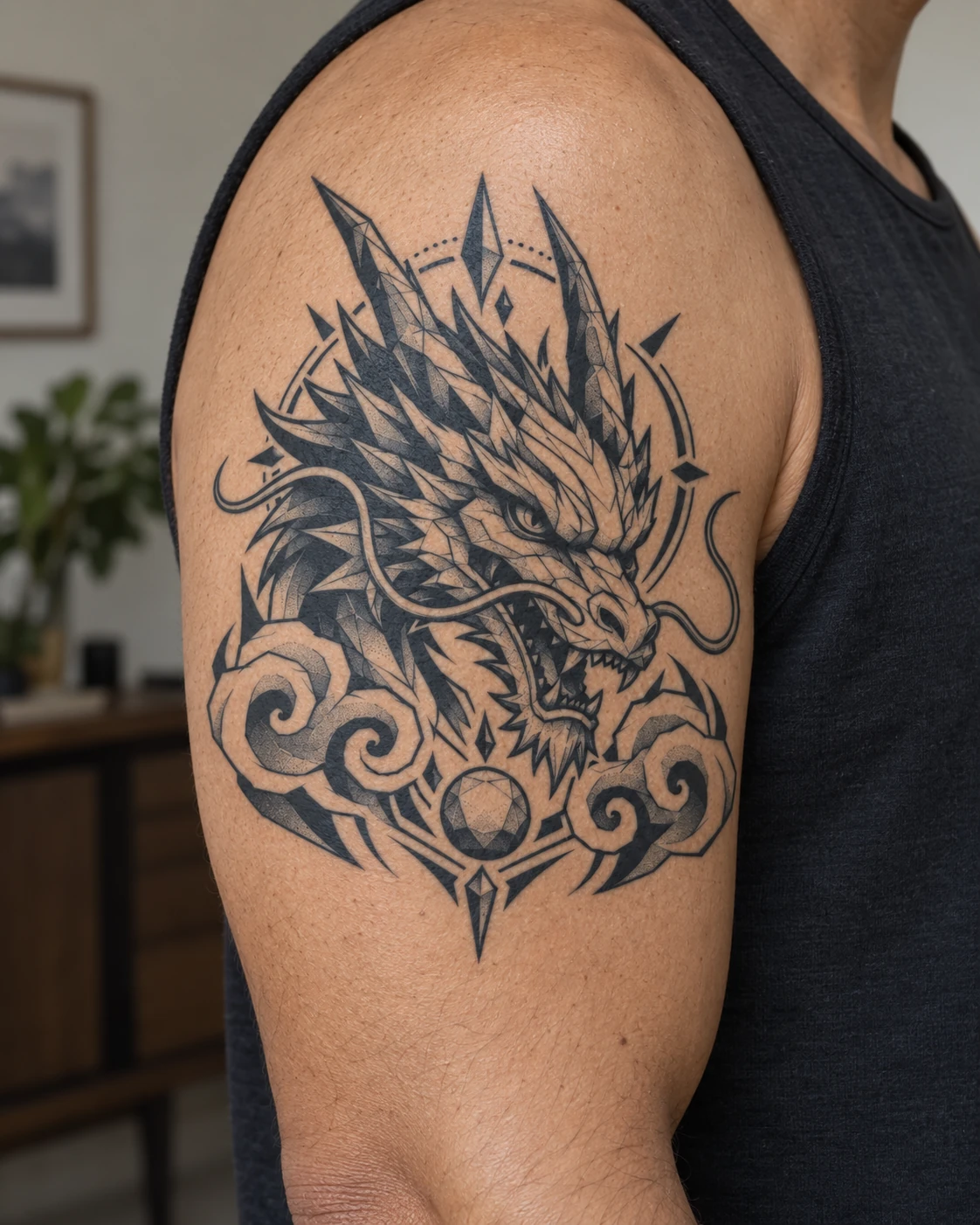 Dragon & clouds geometric tattoo on the upper arm