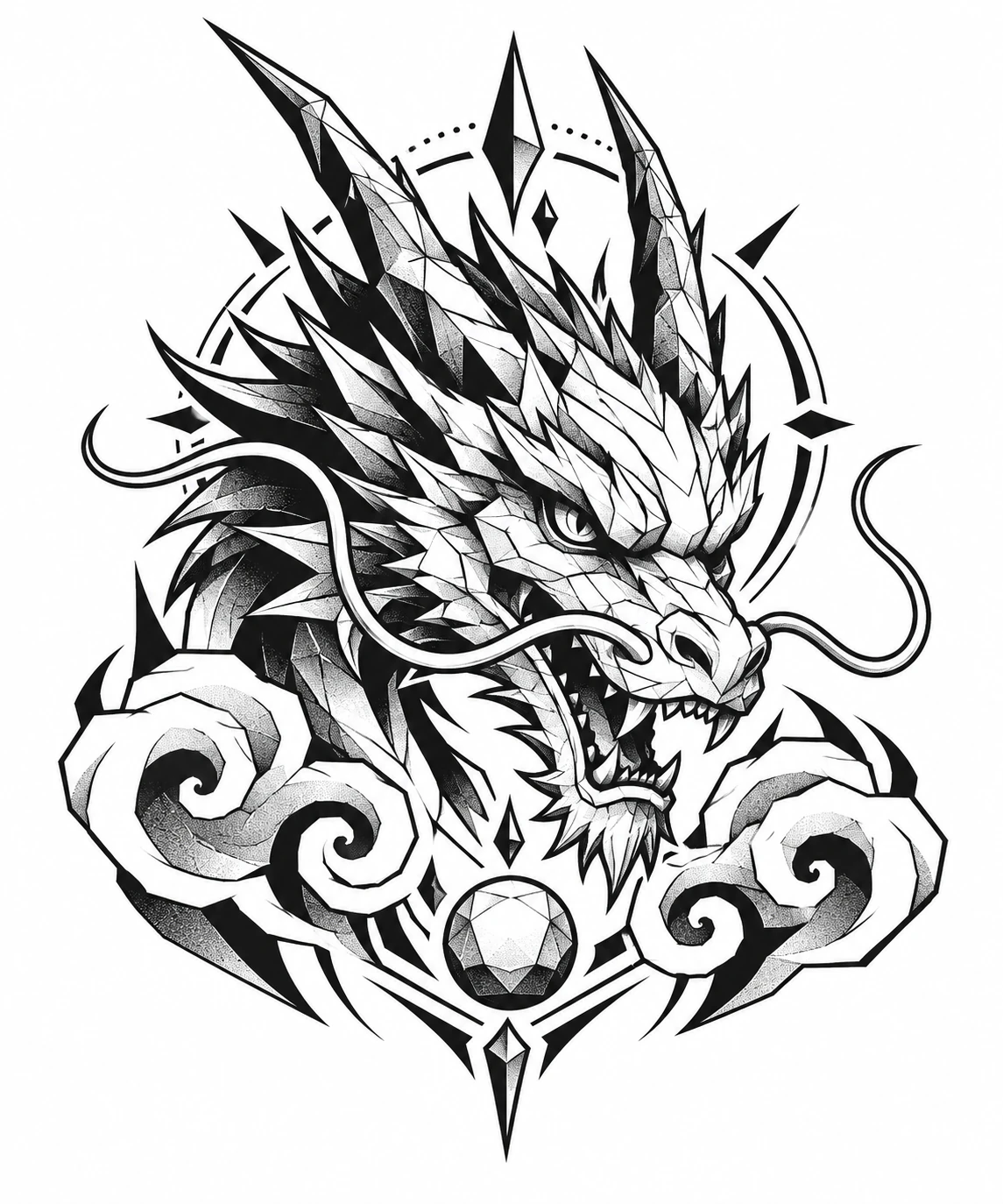 Dragon & clouds, geometric tattoo design