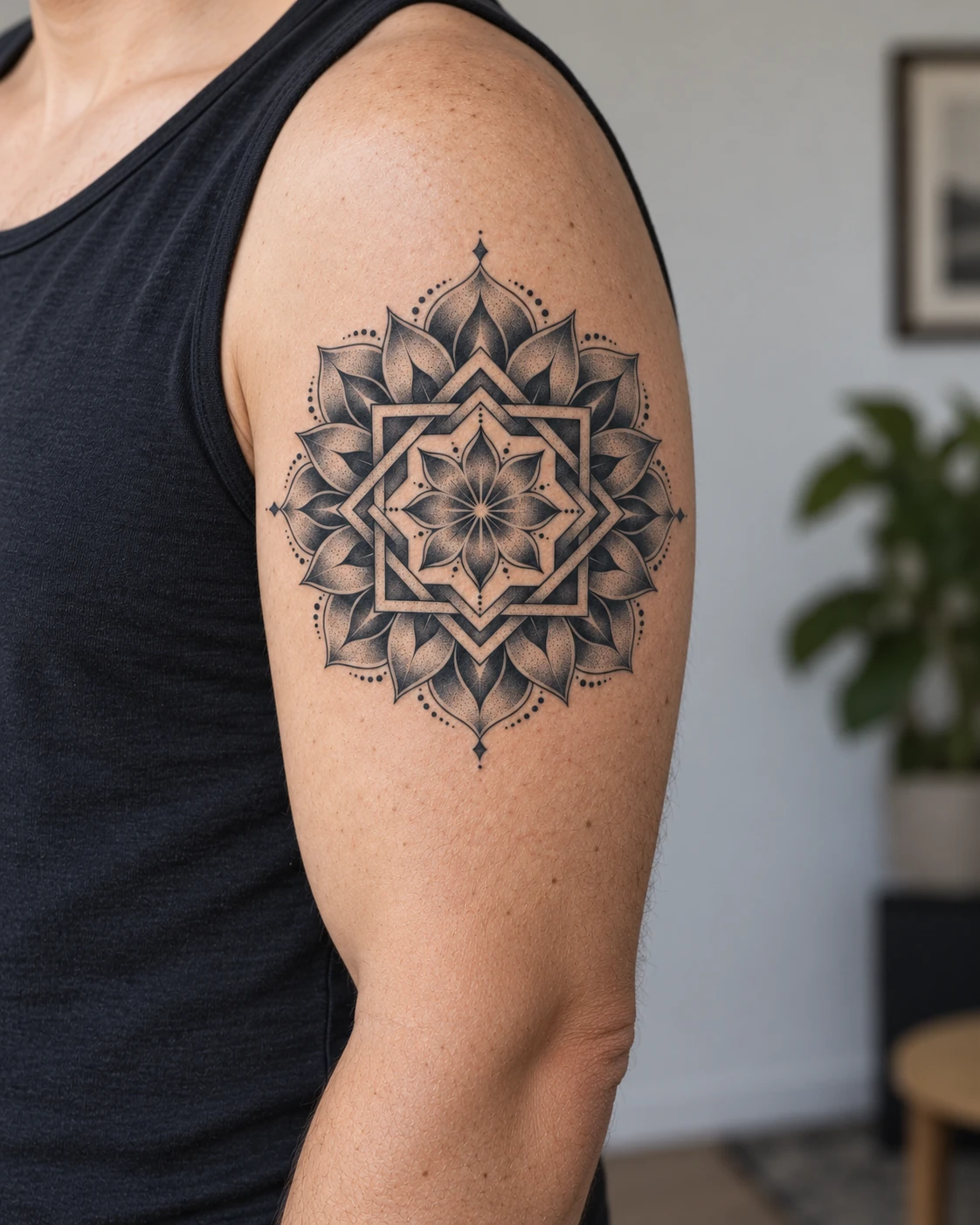 Eight-point star rosette geometric tattoo on the upper arm