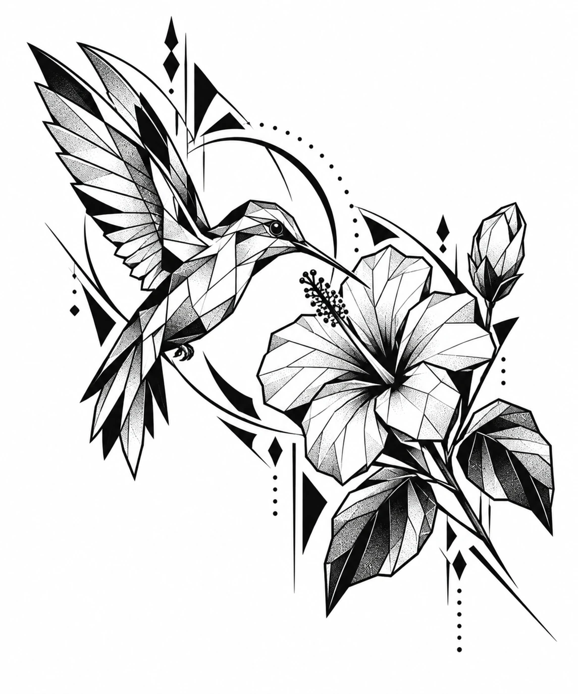 Hummingbird & hibiscus, geometric tattoo design