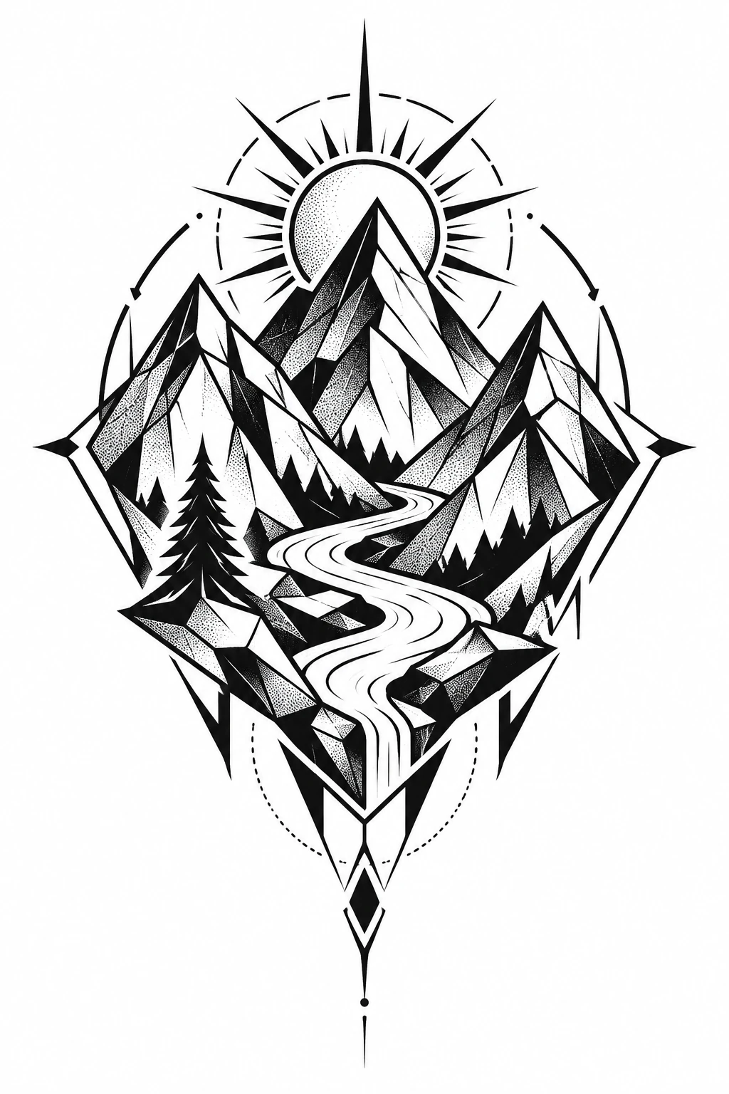 Mountains & pines, geometric tattoo design