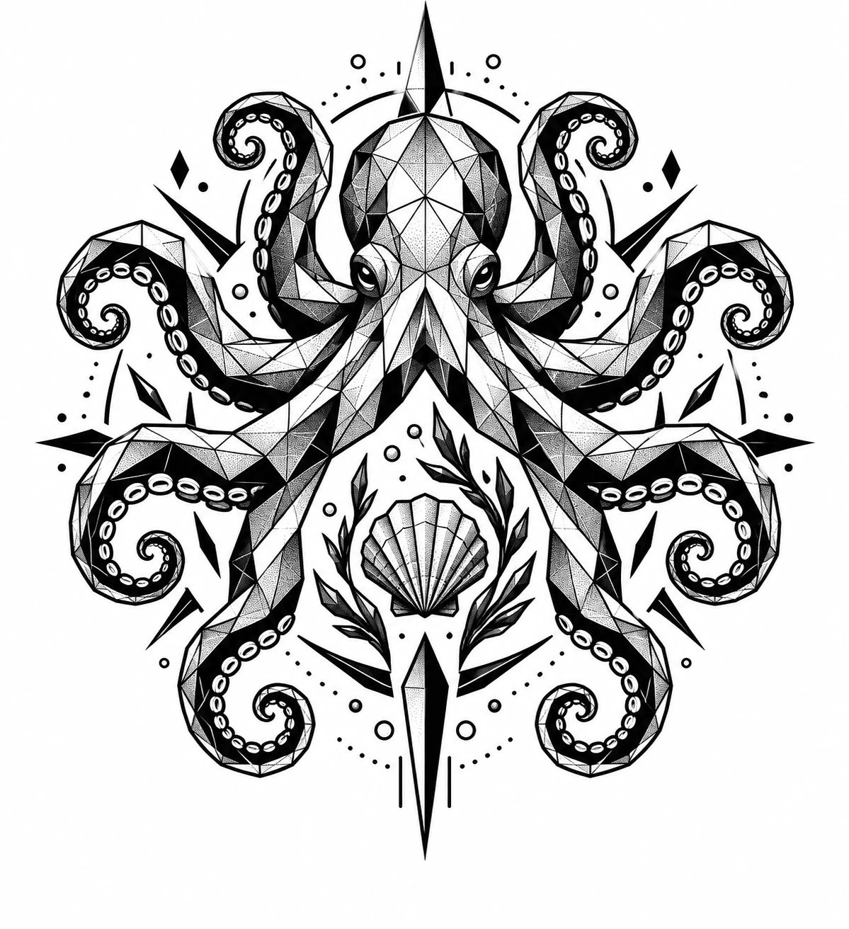 Octopus & shell, geometric tattoo design