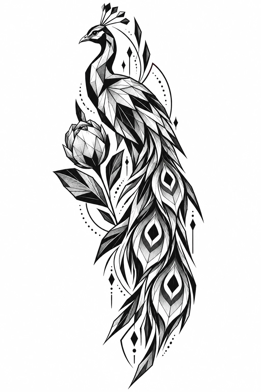 Peacock & peony, geometric tattoo design