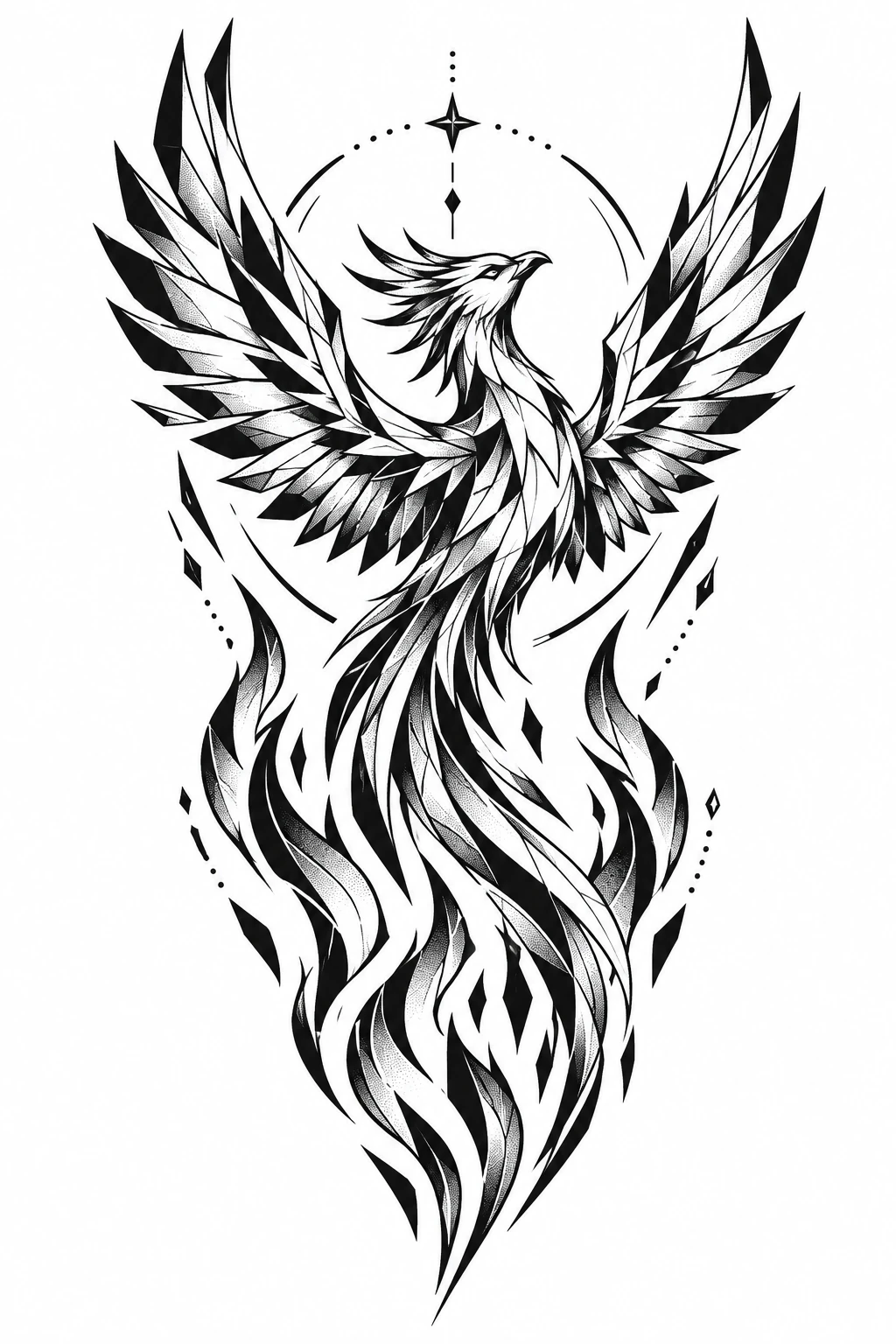 Phoenix & flames, geometric tattoo design