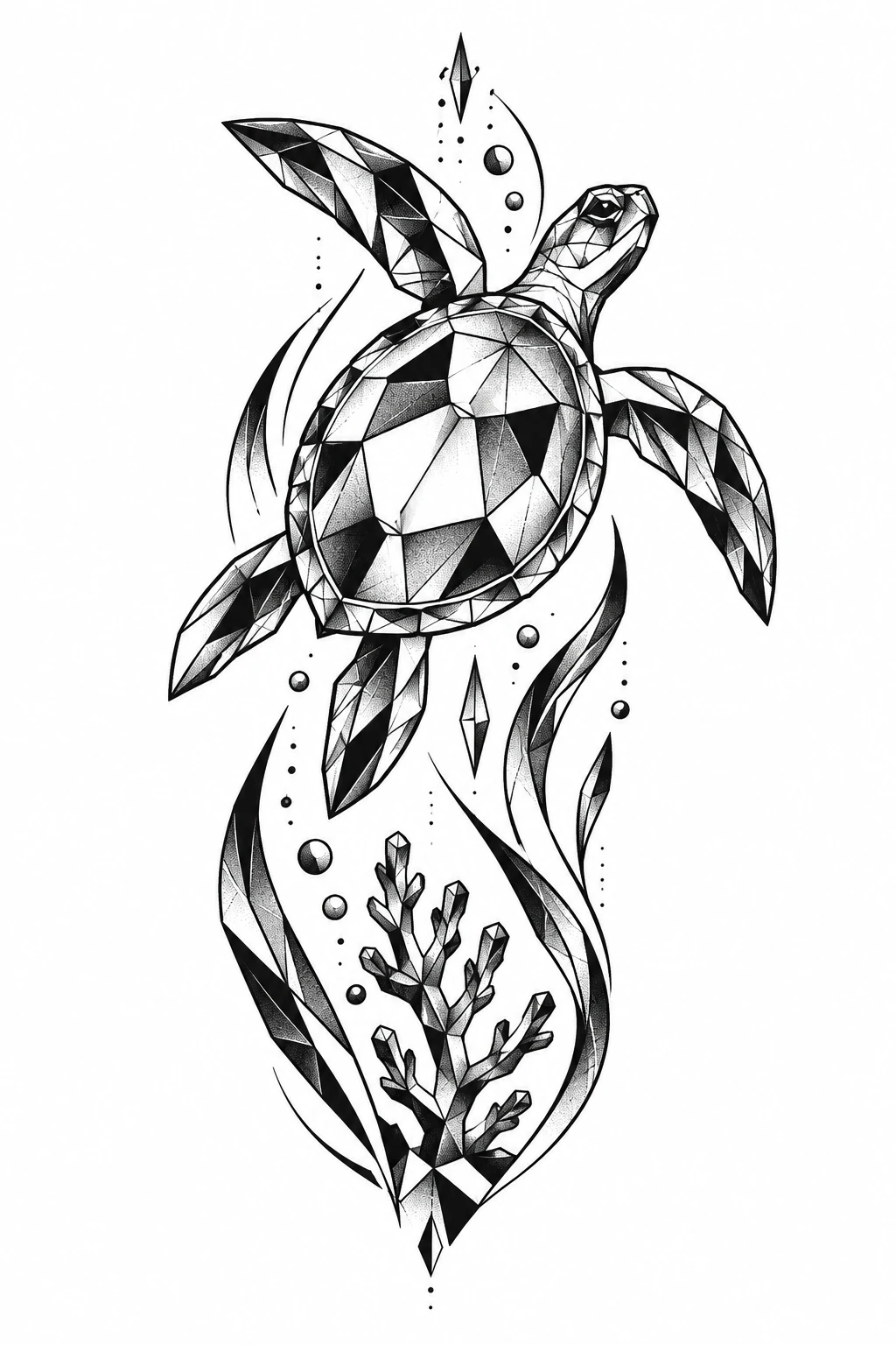 Sea turtle & seagrass, geometric tattoo design