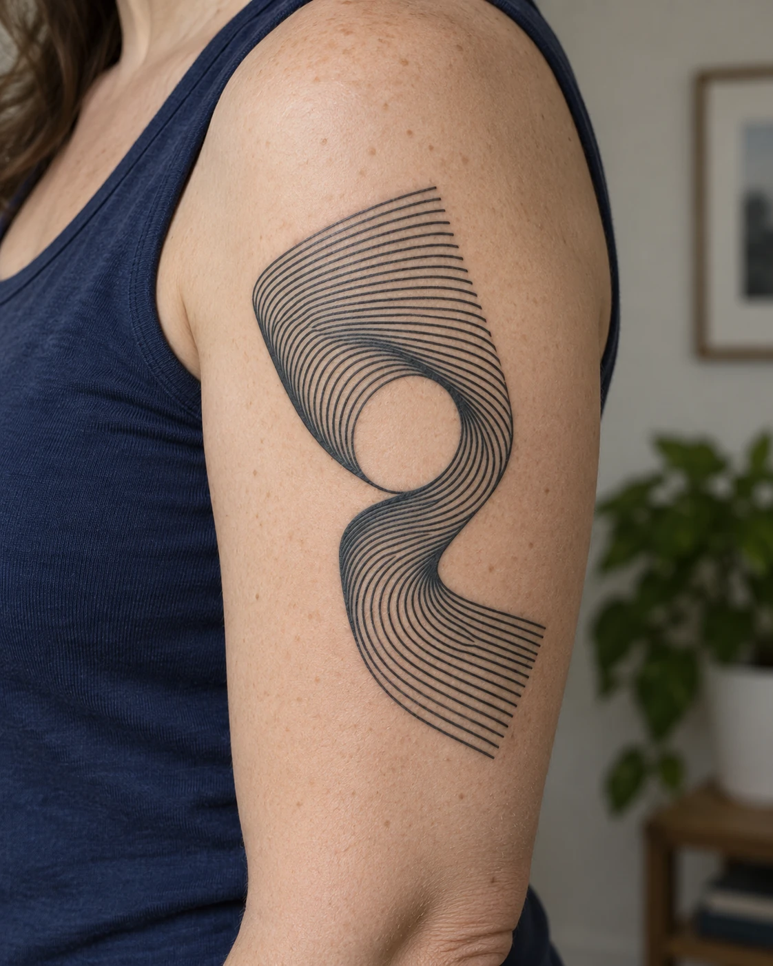 Single flowing geometric linework tattoo on an upper arm