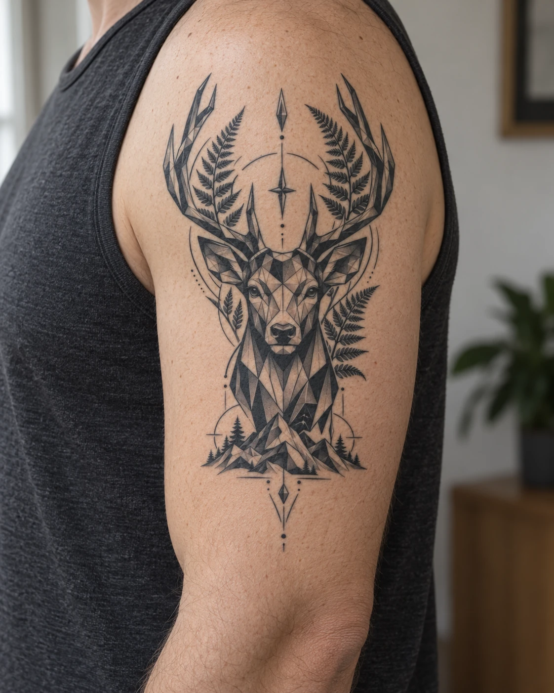 Stag & ferns geometric tattoo on the upper arm