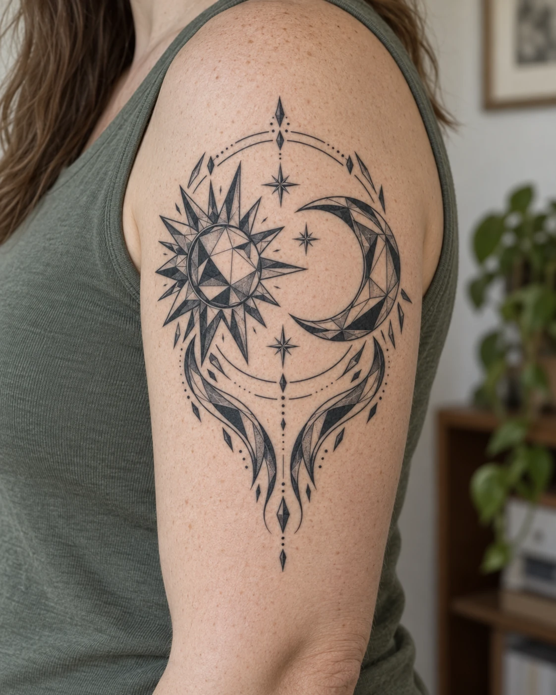 Sun, moon & orbit geometric tattoo on the upper arm