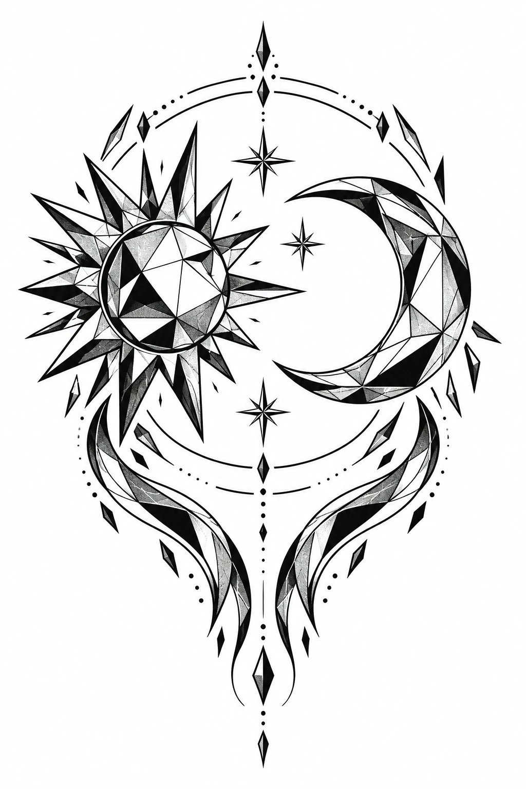 Sun, moon & orbit geometric tattoo design