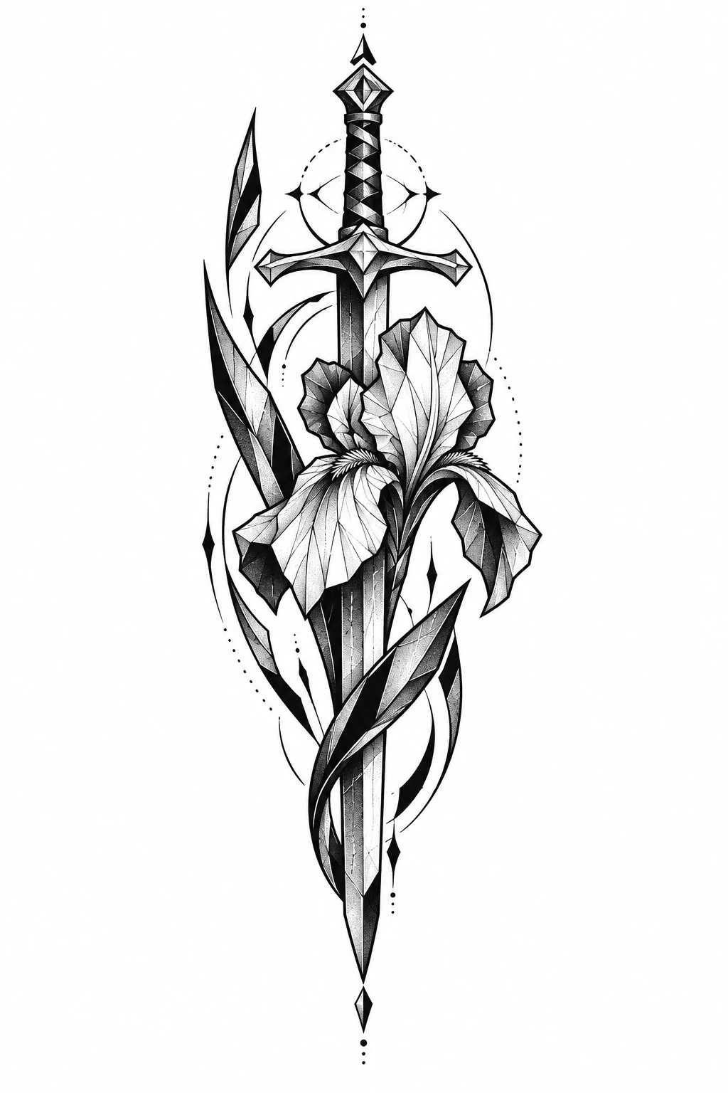Sword & iris, geometric tattoo design